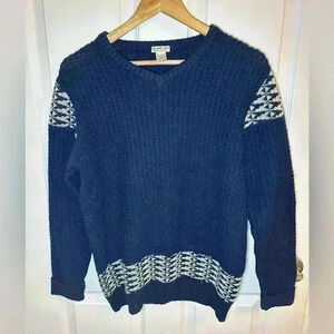 100% Wool Knit Ladies Sweater V Neck Long Sleeve Made in Italy Blue‎ White
